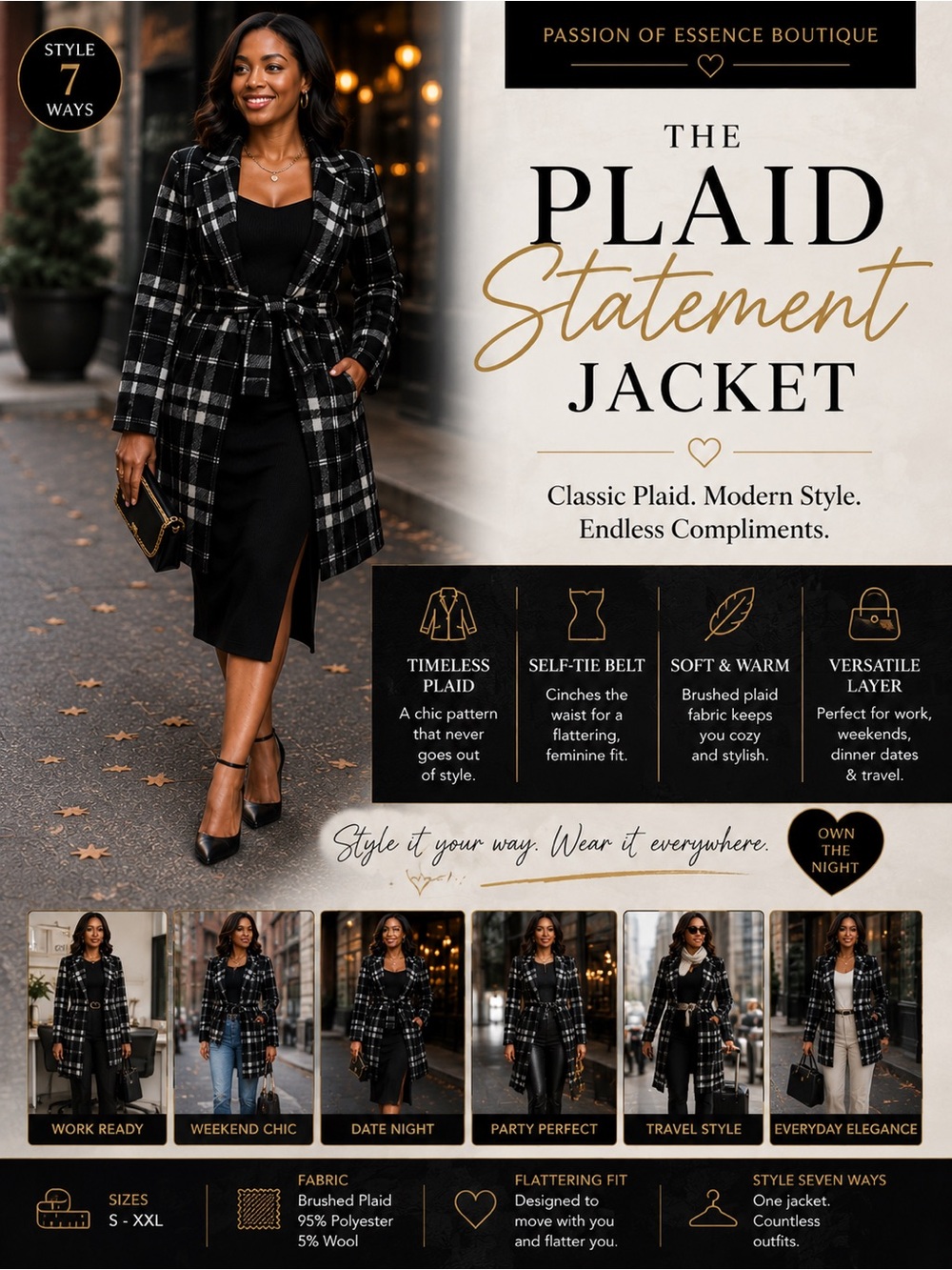 Black White Plaid Belted Longline Jacket | Brushed Wool Blend | Small